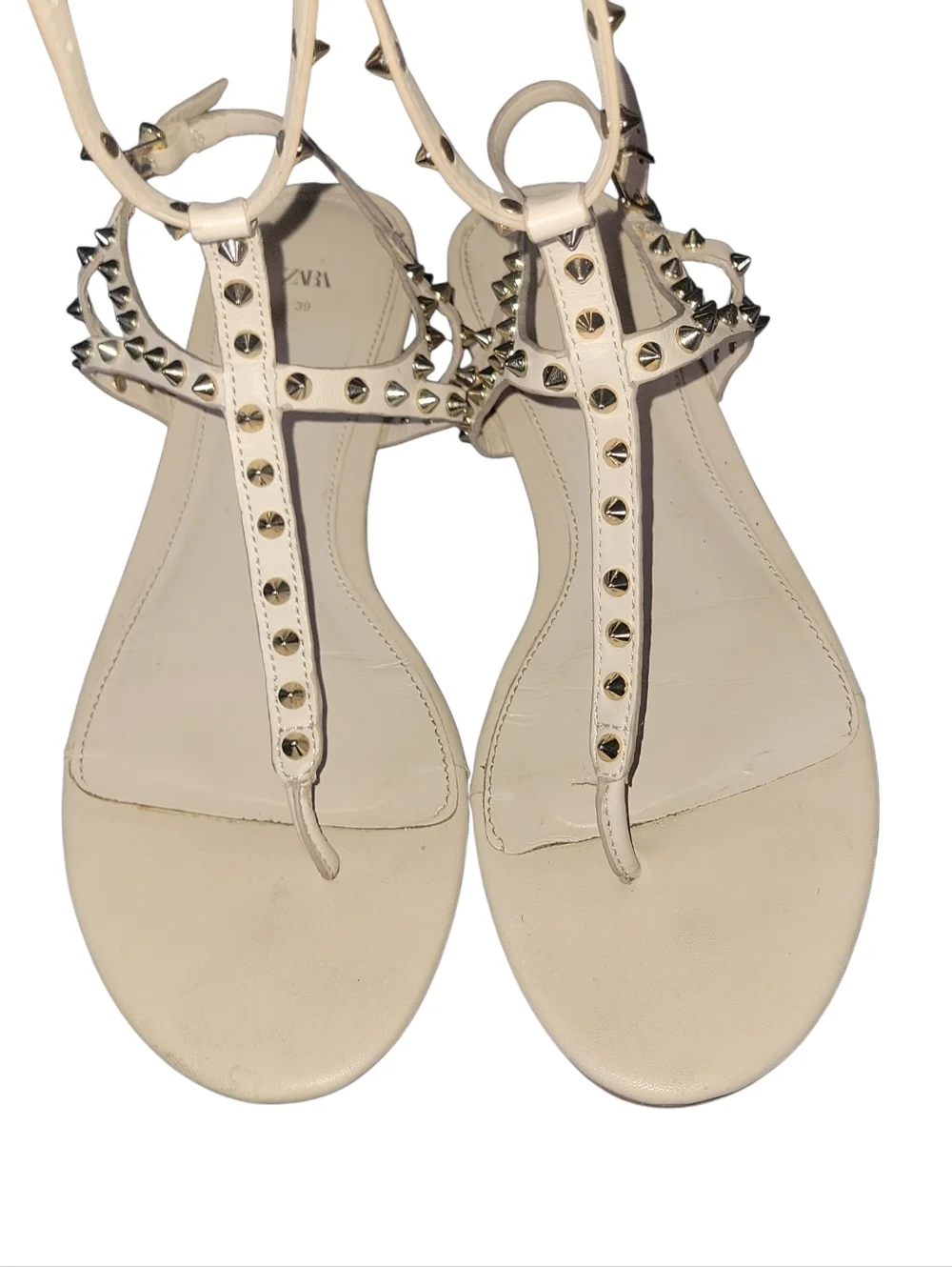 Zara Leather Women's Studded T-Strap Ankle Strap Thong Style Cream Sandals Sz 39 - Picture 2 of 8